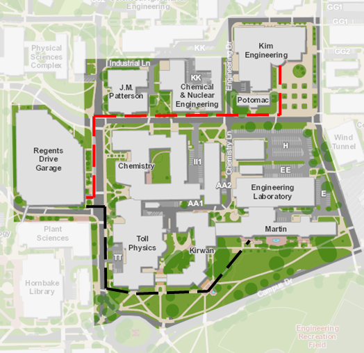 Walking directions from Regents Drive Garage to the Kim Building